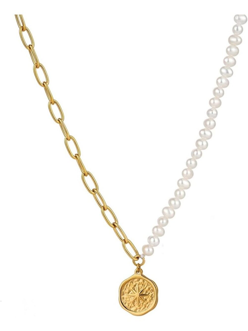 Elegant Natural Pearl Necklace with Gold Plated Paperclip Chain & Cross/Evil Eye